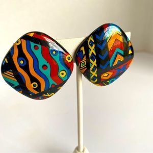 Vintage African Art Clip On Lightweight Earrings